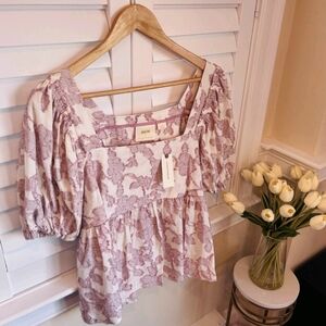 Anthropologie Maeve Batia Textured Babydoll Top Blush Pink Floral - Size M - NWT